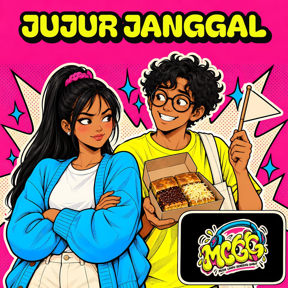 Cover JUJUR JANGGAL: cewek berjaket biru melipat tangan, pacarnya berkacamata membawa martabak