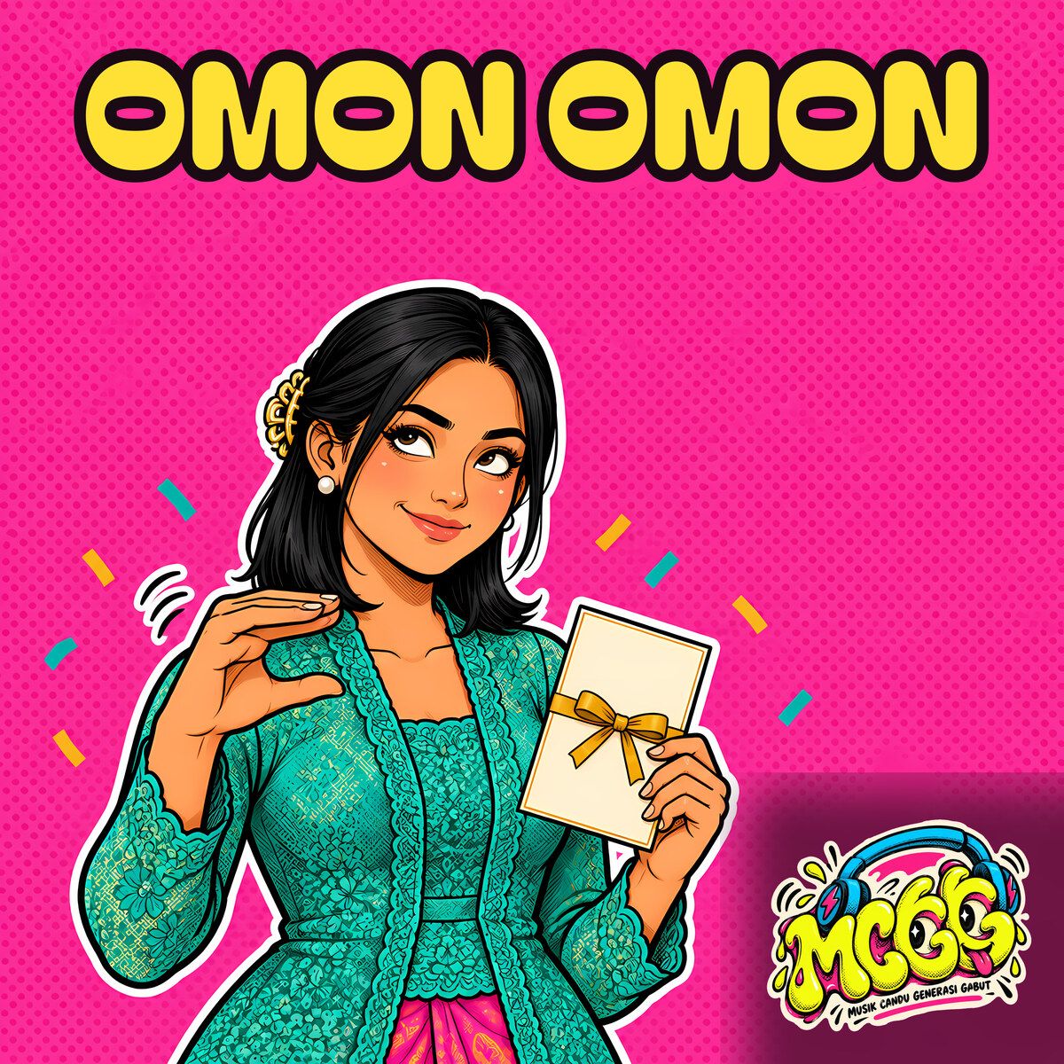 Cover OMON OMON: cewek berkebaya hijau memegang undangan sambil memperagakan gerakan tangan omon-omon